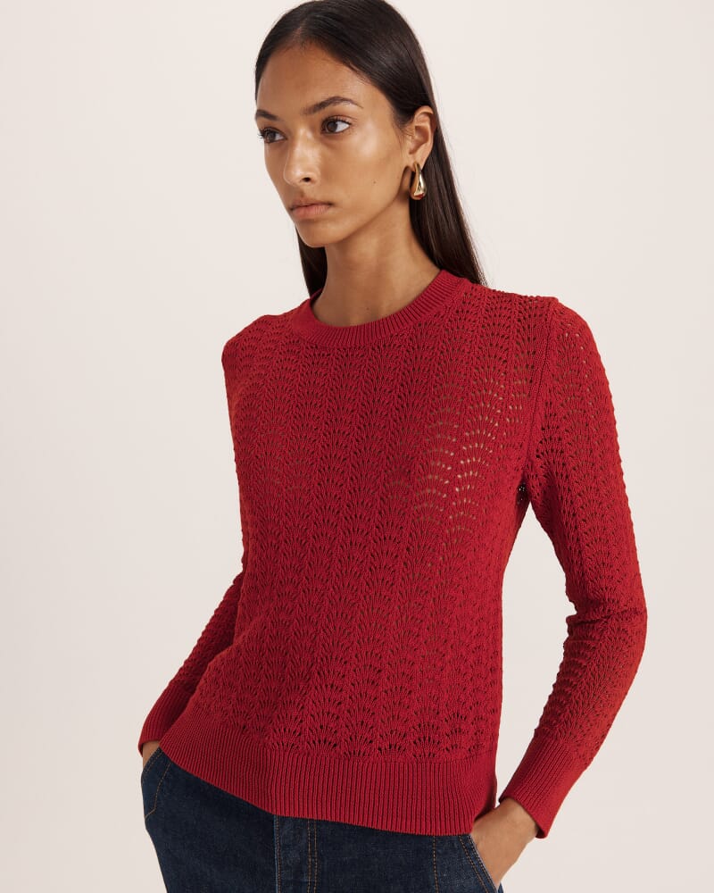 Prue Cotton Crochet Long Sleeve Knit in RUBY