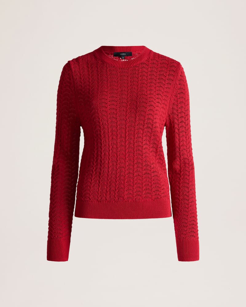 Prue Cotton Crochet Long Sleeve Knit in RUBY