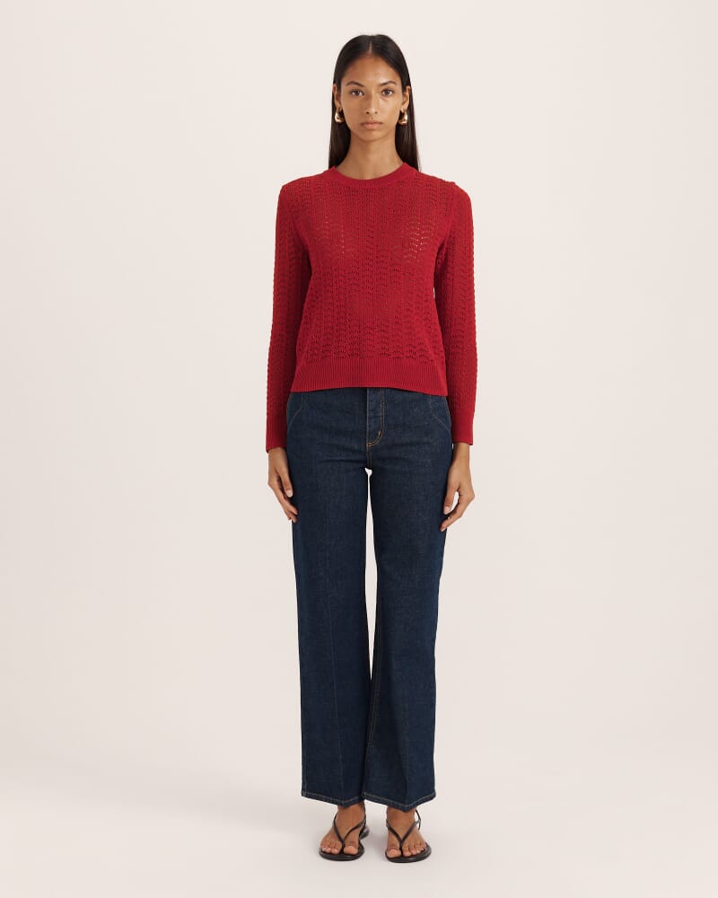 Prue Cotton Crochet Long Sleeve Knit in RUBY