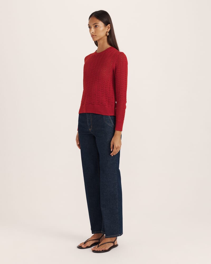 Prue Cotton Crochet Long Sleeve Knit in RUBY