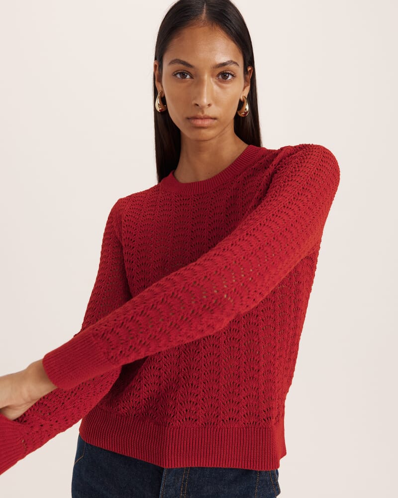 Prue Cotton Crochet Long Sleeve Knit in RUBY