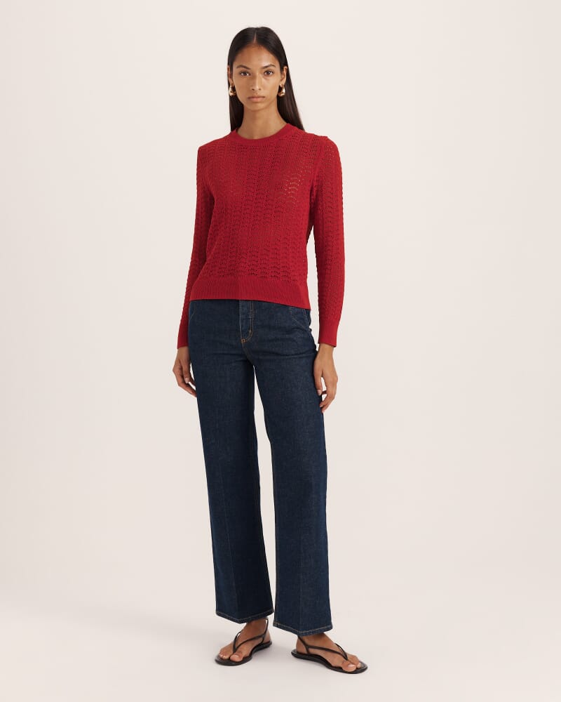 Prue Cotton Crochet Long Sleeve Knit in RUBY