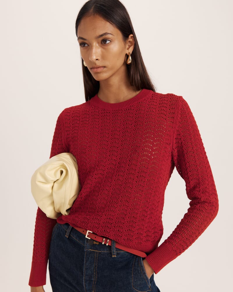 Prue Cotton Crochet Long Sleeve Knit in RUBY