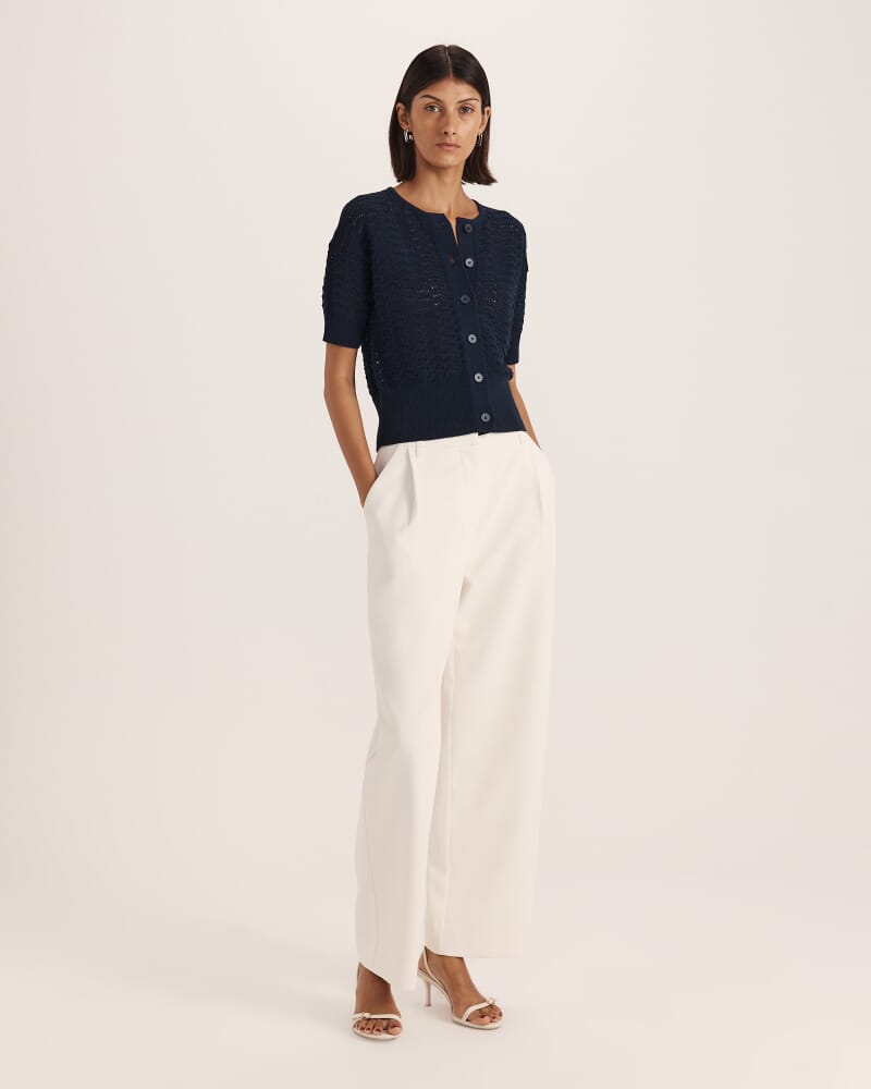 Prue Cotton Crochet Knit Cardigan in NAVY