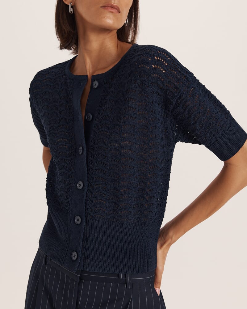 Prue Cotton Crochet Knit Cardigan in NAVY