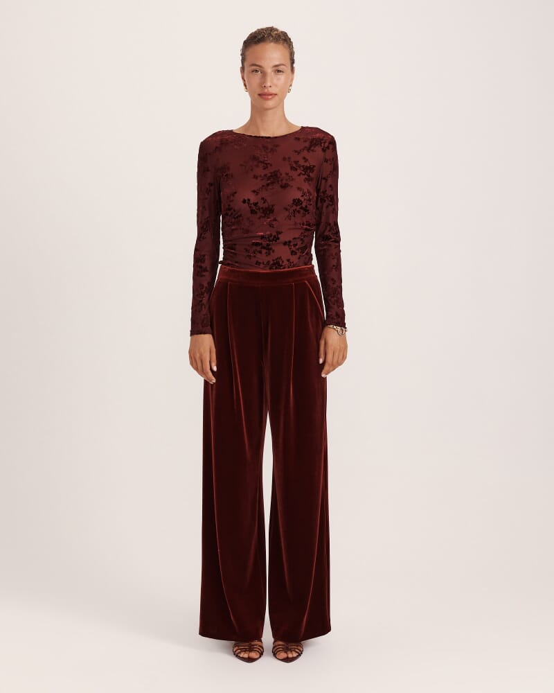 Lea Velvet Pleat Front Pant in GARNET