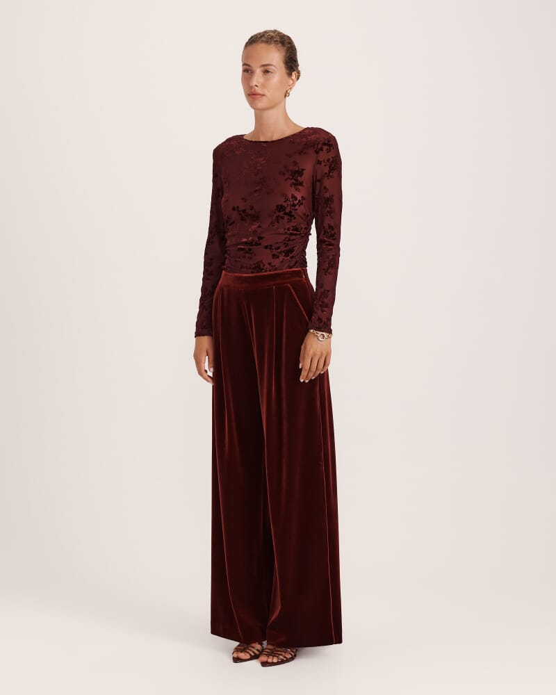 Lea Velvet Pleat Front Pant in GARNET