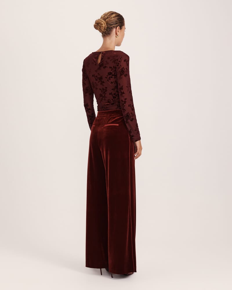 Lea Velvet Pleat Front Pant in GARNET