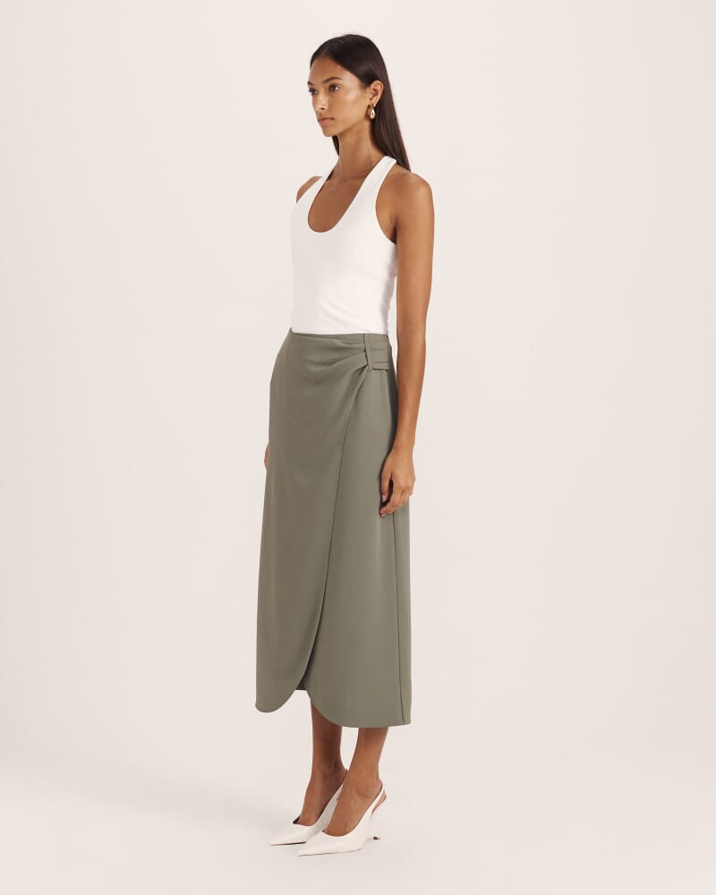Dharma Drape Midi Skirt in GREEN TEA