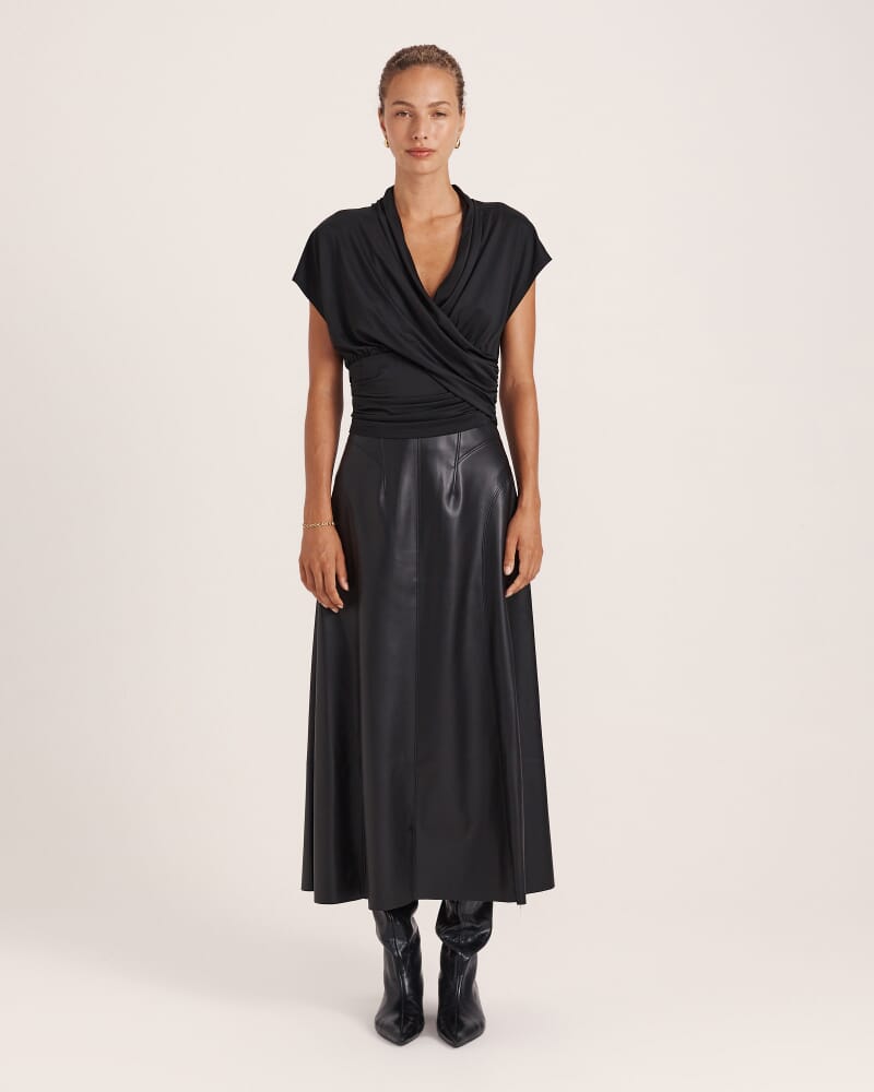 Viv Faux Leather Fluted Skirt in BLACK