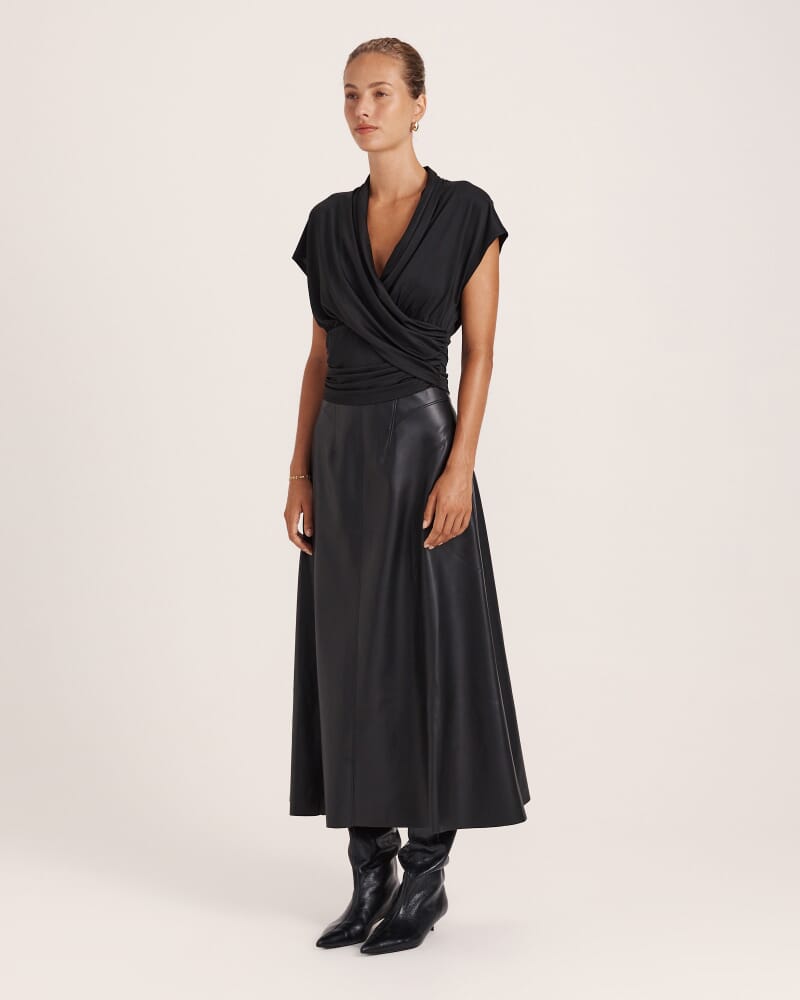 Viv Faux Leather Fluted Skirt in BLACK
