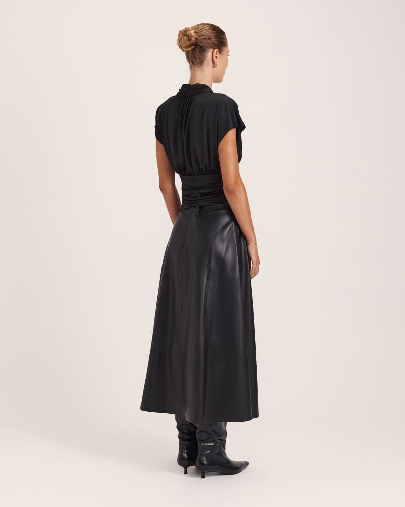Viv Faux Leather Fluted Skirt in BLACK
