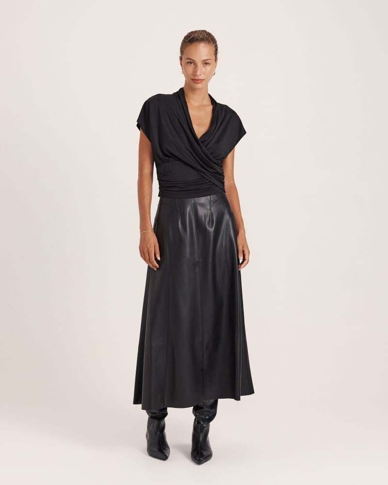 Viv Faux Leather Fluted Skirt in BLACK