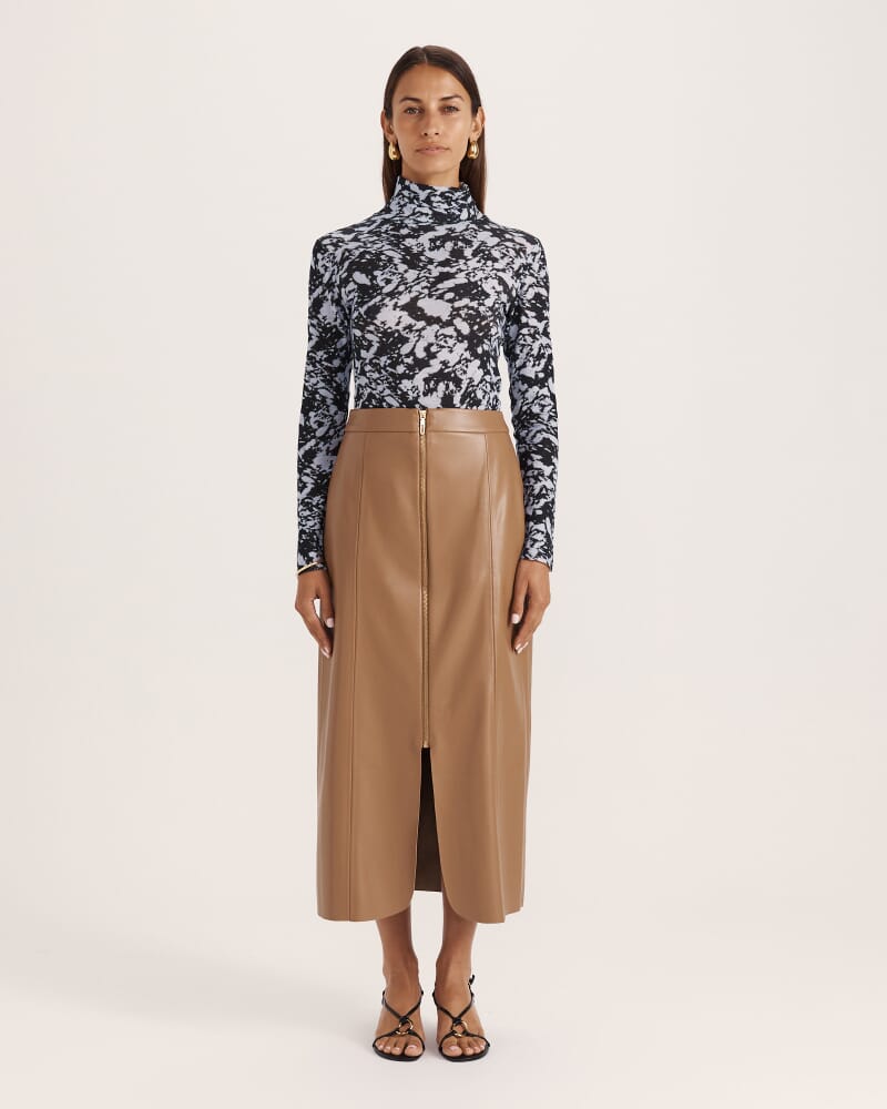 Viv Faux Leather Zip Front Skirt in TAN