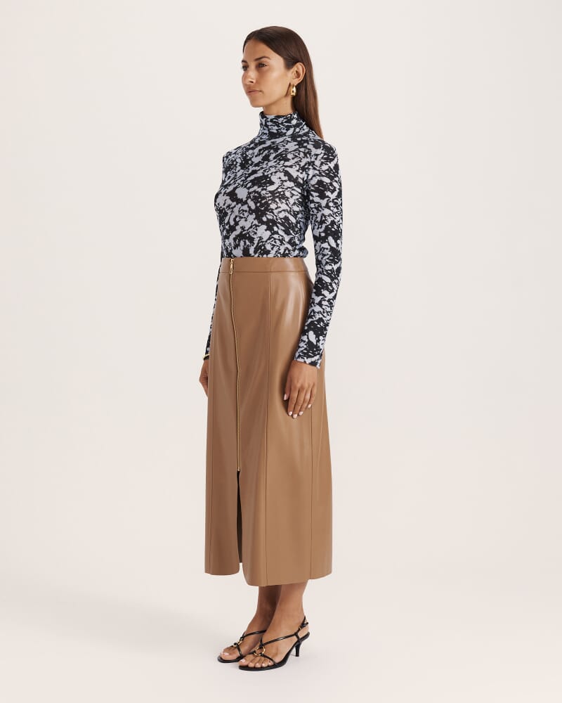 Viv Faux Leather Zip Front Skirt in TAN