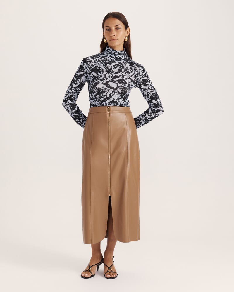 Viv Faux Leather Zip Front Skirt in TAN