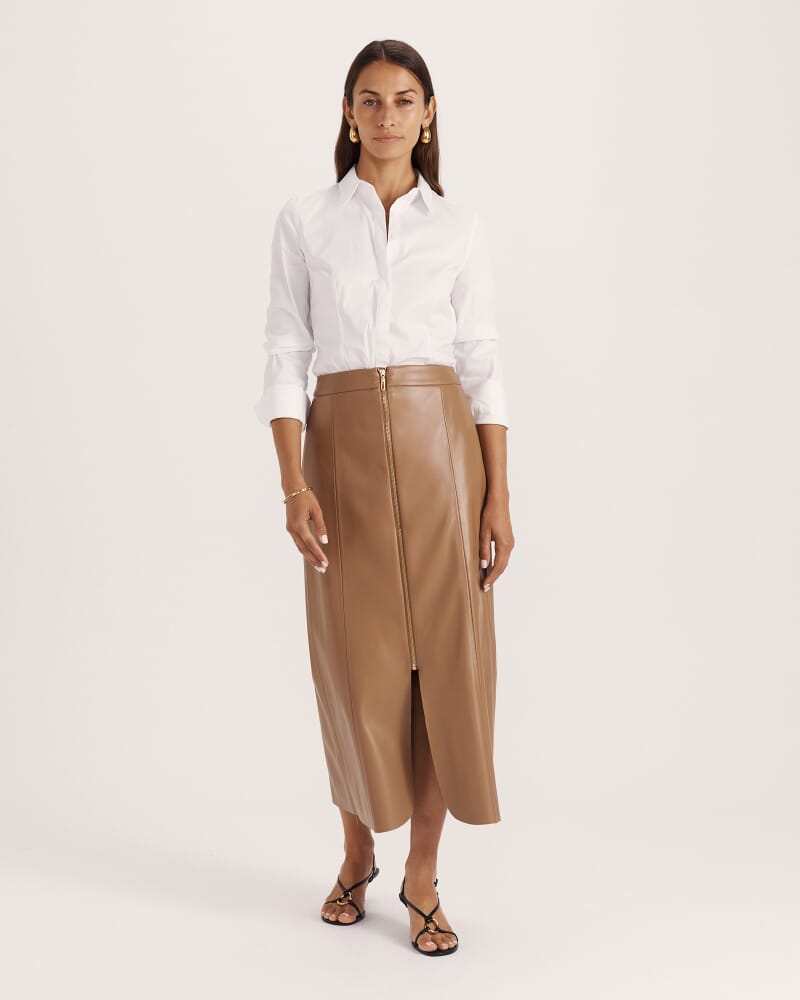 Viv Faux Leather Zip Front Skirt in TAN