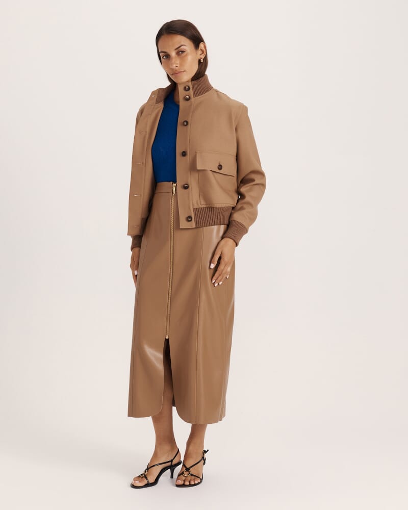 Viv Faux Leather Zip Front Skirt in TAN