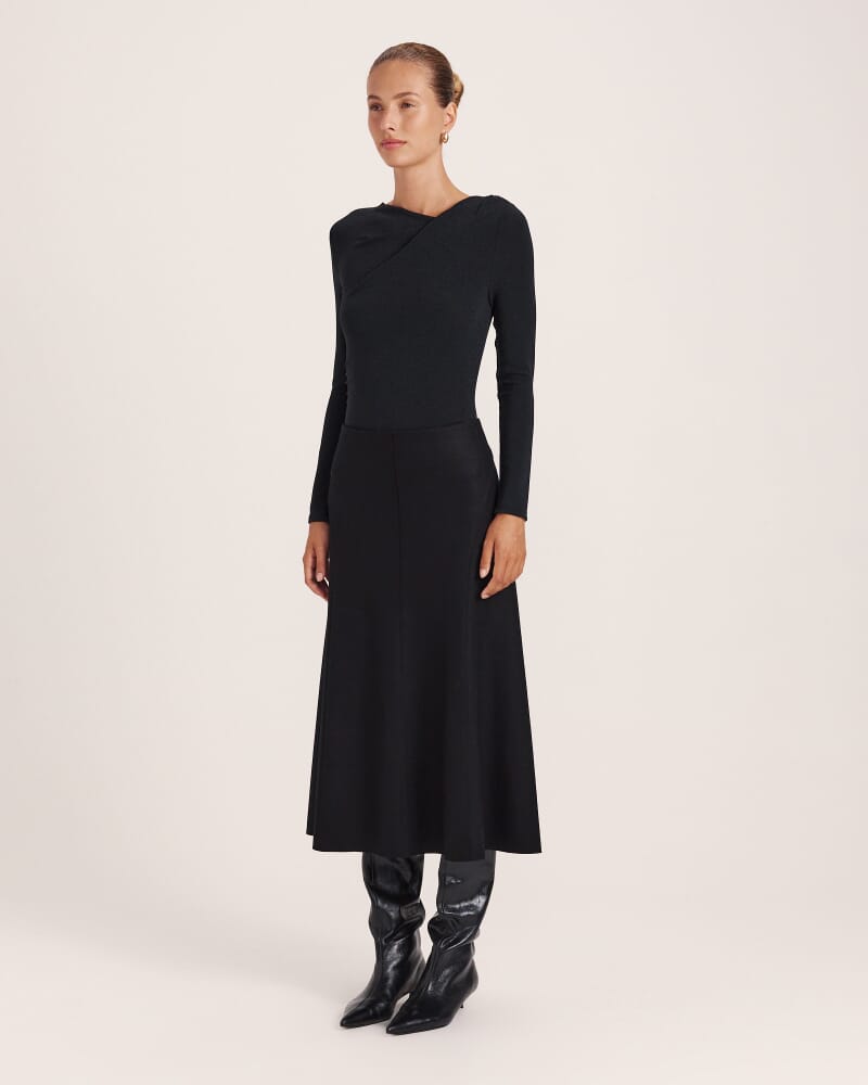 Karla Wool Panel Midi Skirt in BLACK