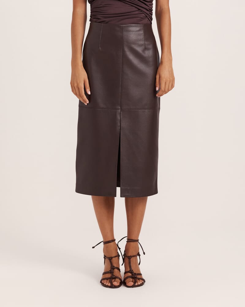 Elyse Leather Midi Skirt in CHOCOLATE