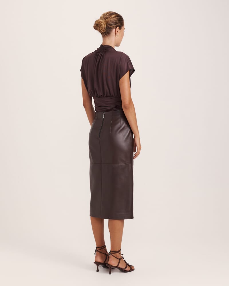 Elyse Leather Midi Skirt in CHOCOLATE