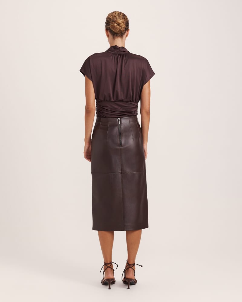 Elyse Leather Midi Skirt in CHOCOLATE