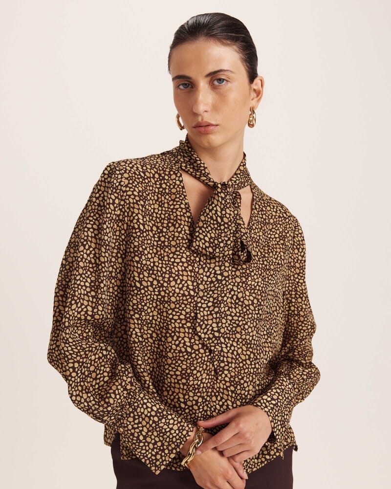 Ohio Silk Long Sleeve Tie Neck Blouse in MULTI