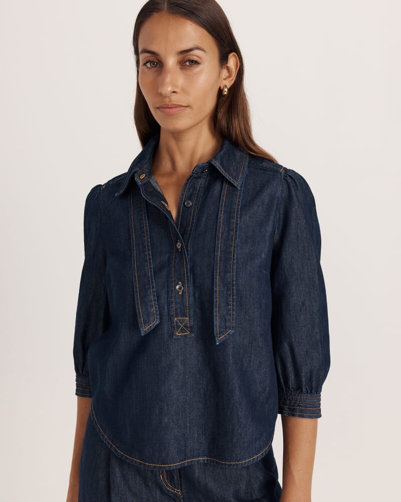 Bridie Puff Sleeve Denim Shirt in BLUE/BLACK WASH