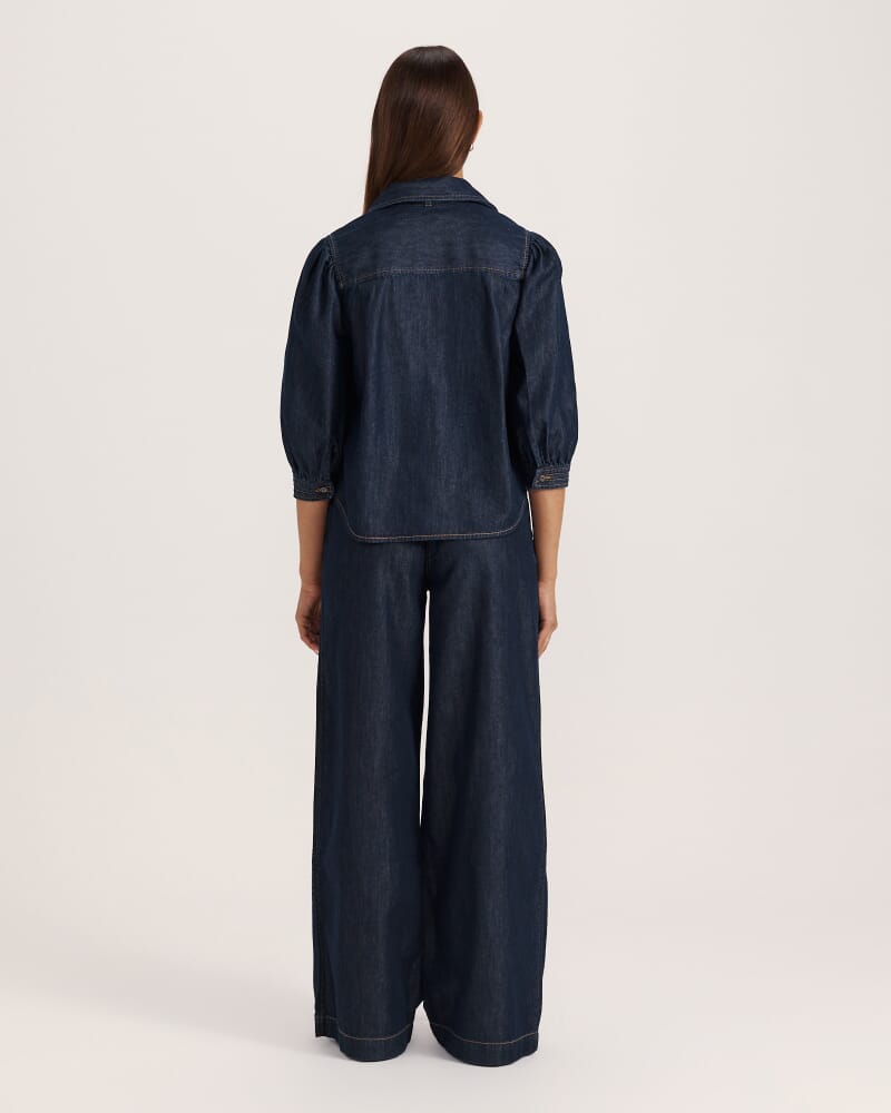 Bridie Puff Sleeve Denim Shirt in BLUE/BLACK WASH