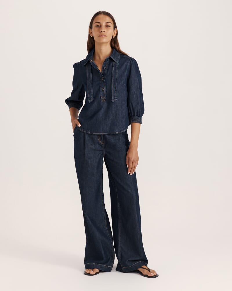 Bridie Puff Sleeve Denim Shirt in BLUE/BLACK WASH